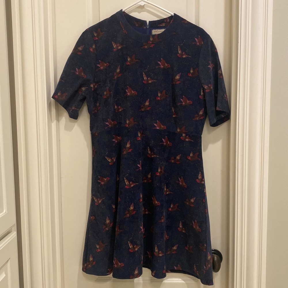 Corduroy navy blue dress with bird detail